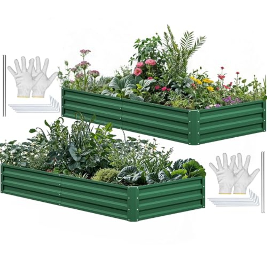 Garden Gloves - 屋外用のプランターキット。亜鉛メッキ鋼製で、錆びにくく、緑色。手袋と支柱が付属。