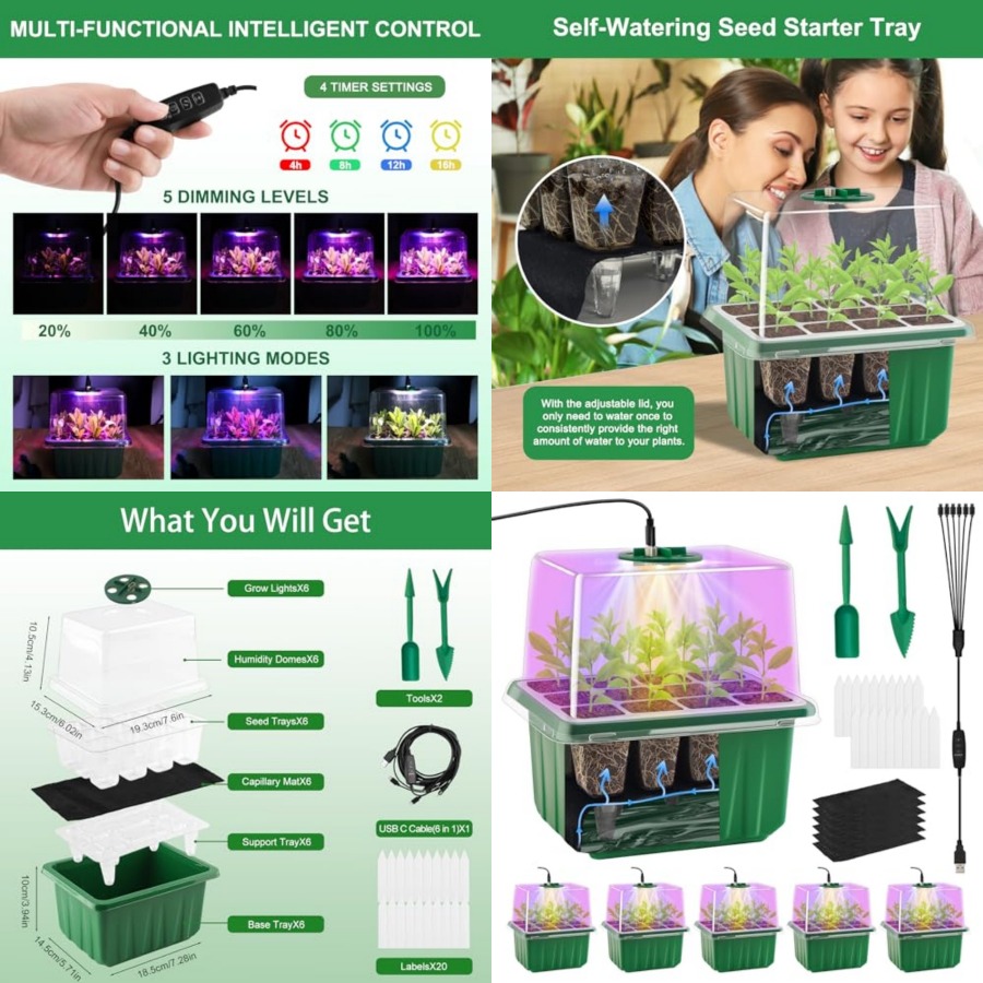 ライト付き種まきトレイ、6パック植物育成トレイ、湿度ドーム付 - Grow Bag のレビューと価格
