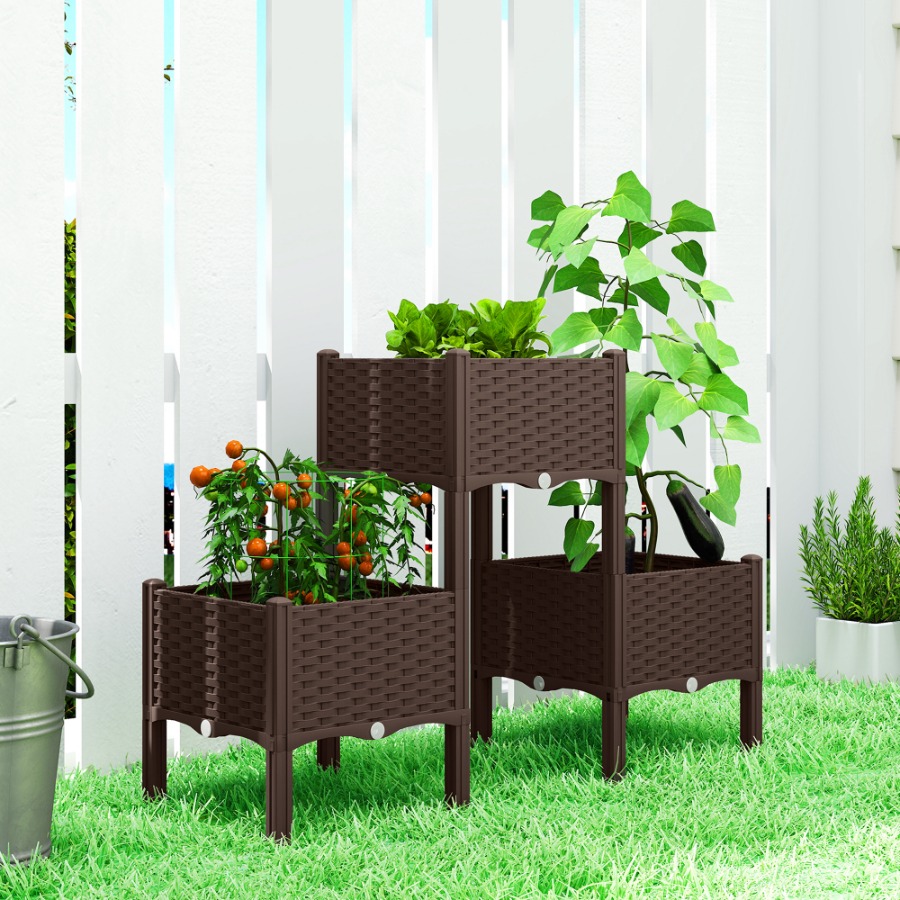 脚付きのプラスチック製プランターボックス。排水穴と排水栓が付 - Self Watering Planter のレビューと価格