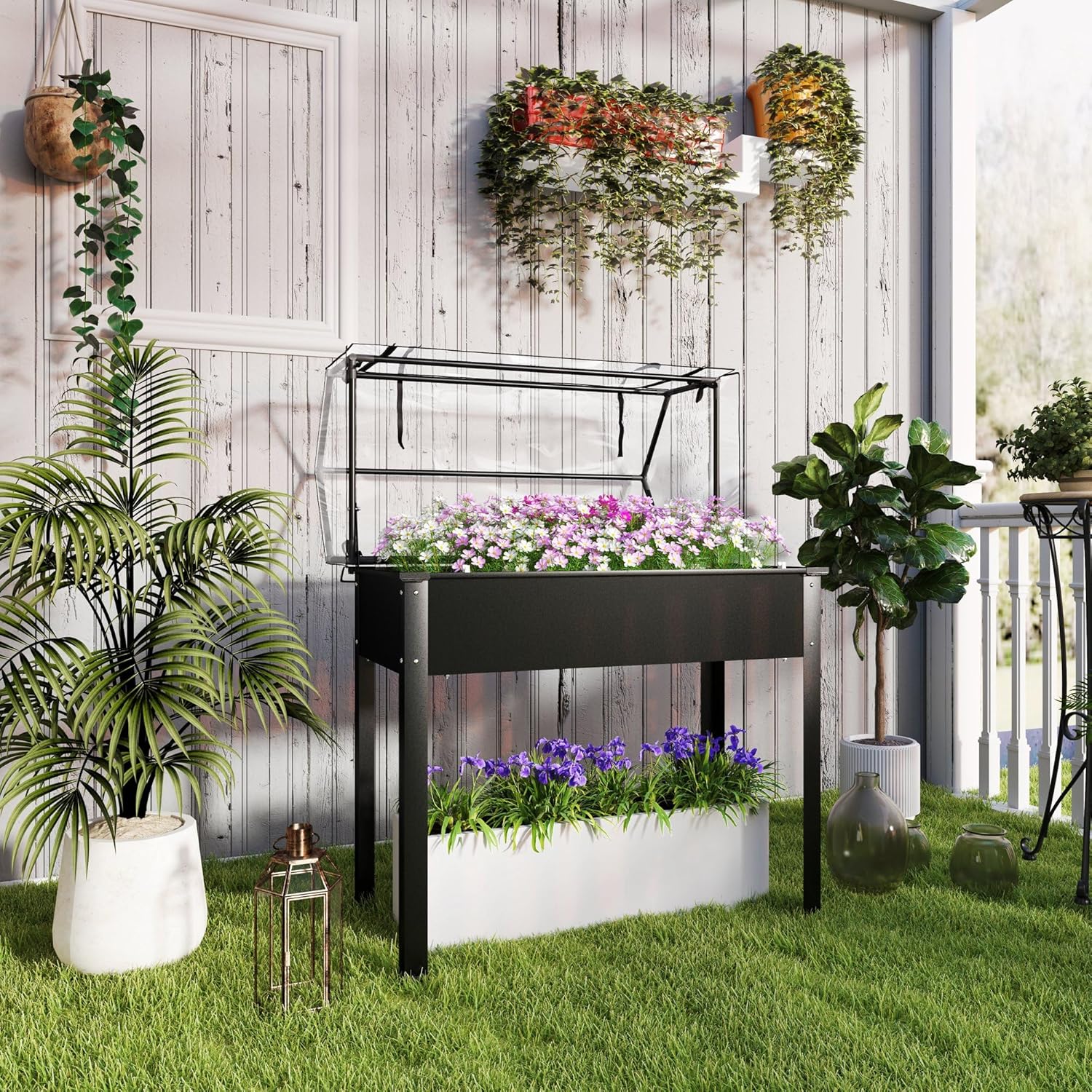 屋外用 - 黒色の高床式菜園、跳ね上げ式温室カバー、脚、排水 - Raised Garden Bed のレビューと価格