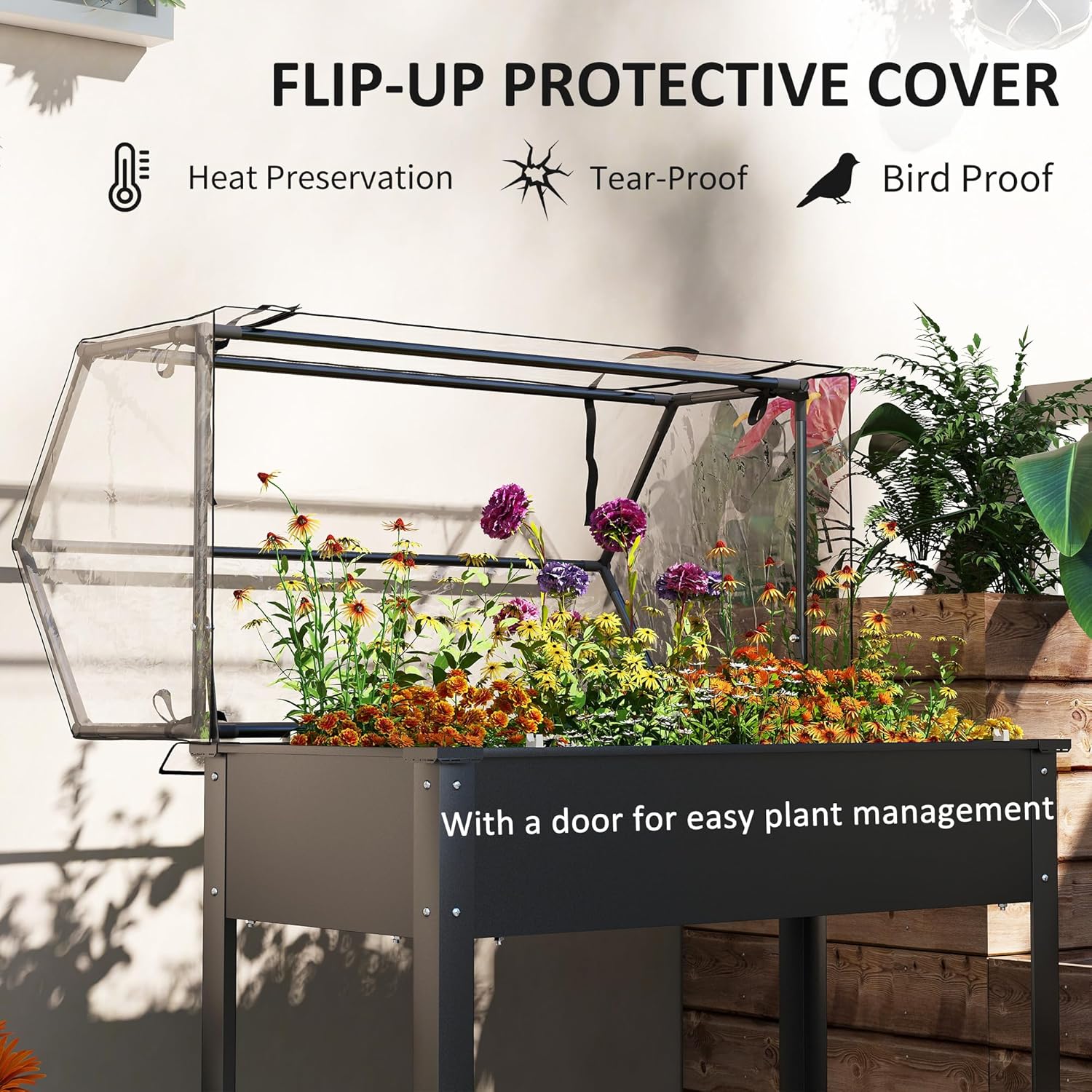 屋外用 - 黒色の高床式菜園、跳ね上げ式温室カバー、脚、排水 - Raised Garden Bed のレビューと価格