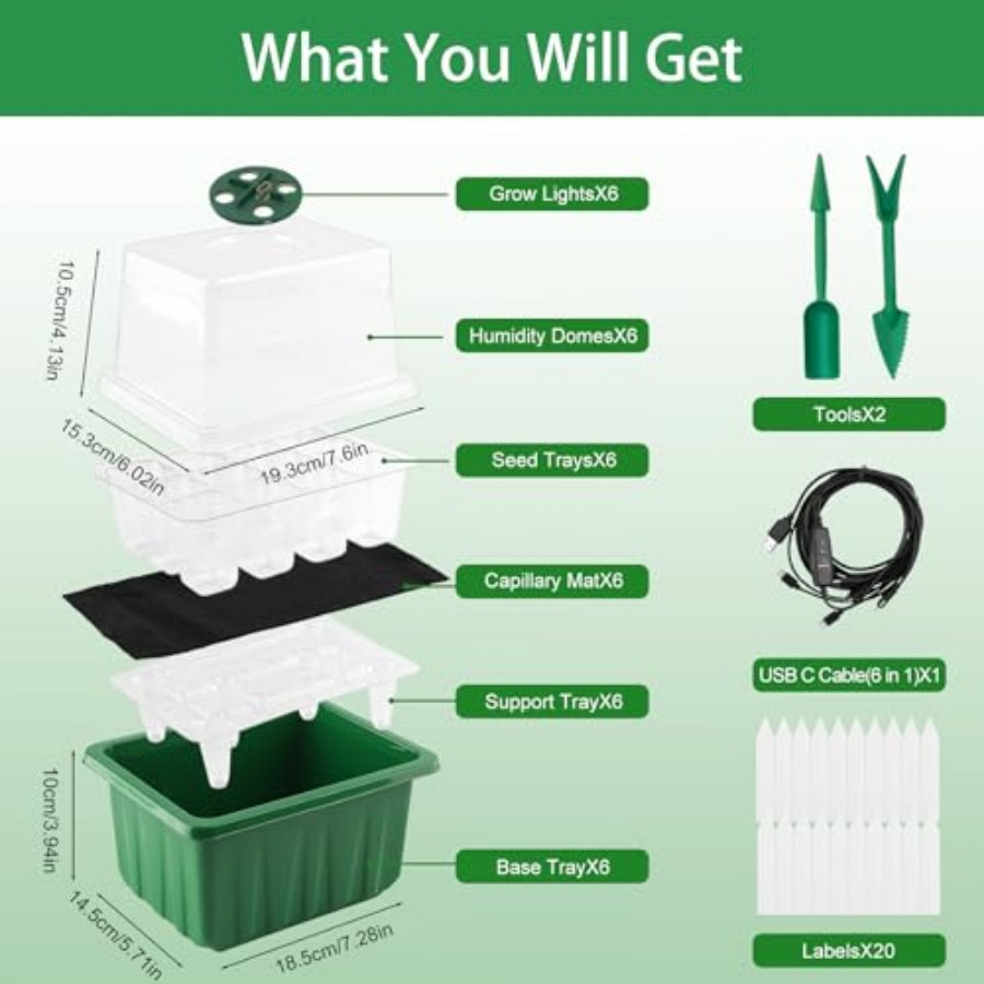 ライト付き種まきトレイ、6パック植物育成トレイ、湿度ドーム付 - Seed Starter Tray のレビューと価格