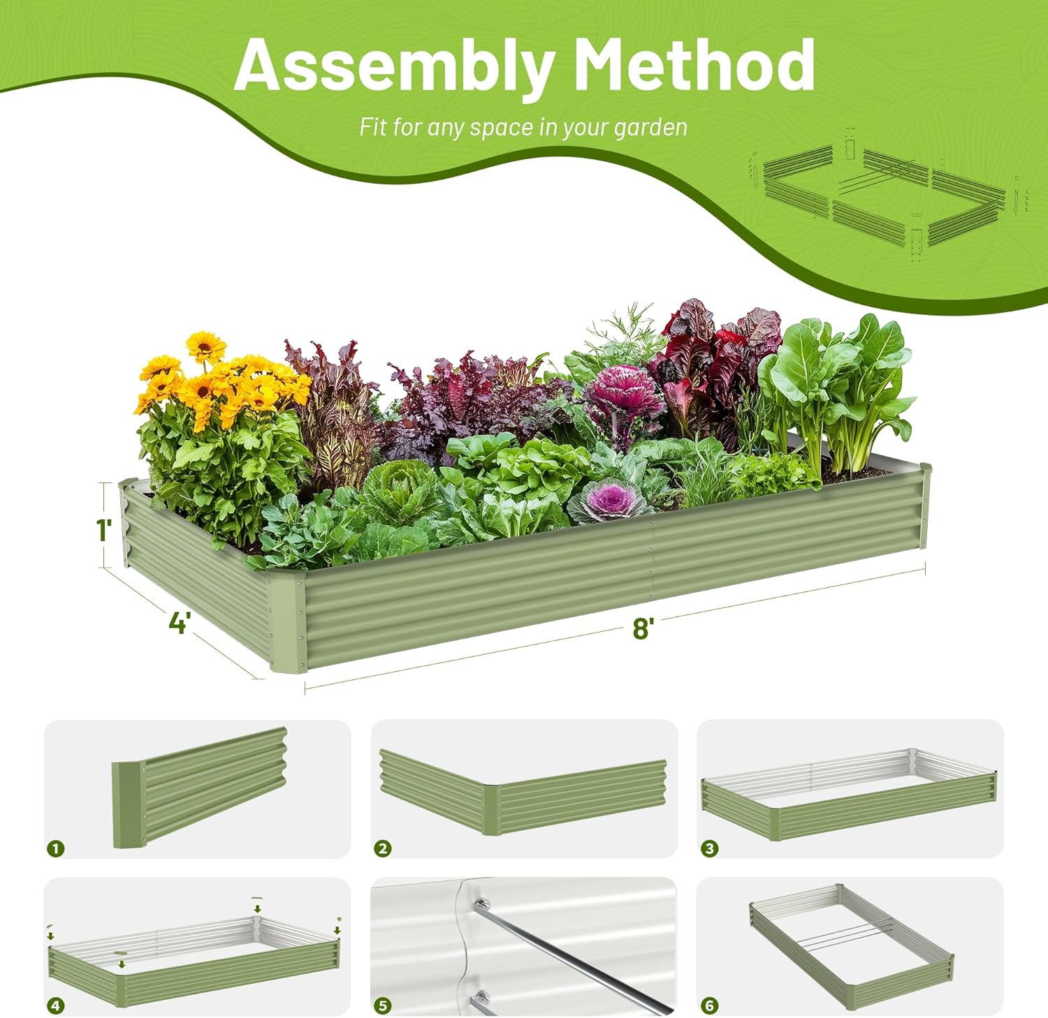 屋外野菜栽培用金属製高床式菜園、亜鉛メッキ鋼、8x4x1フィ - Raised Garden Bed のレビューと価格