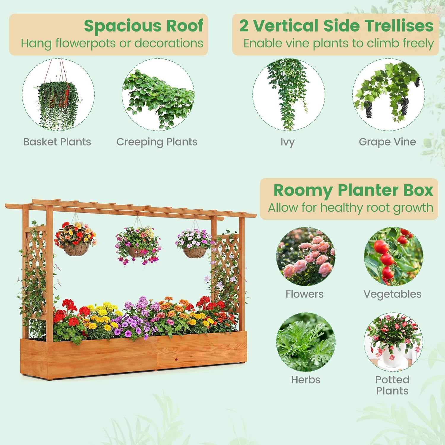 屋外パティオ用高床式菜園、プラスチック製、緑色、トレリス付き - Raised Garden Bed のレビューと価格